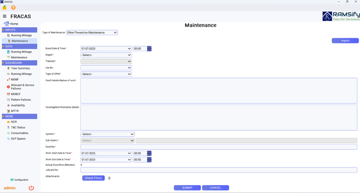 Data input form of Beanalytic's RAMSify FRACAS software.